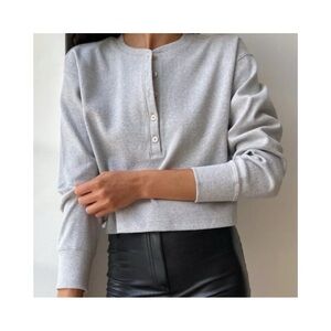 WILFRED FREE Women’s Mavis Ribbed Cropped Long Sleeve Henley Grey